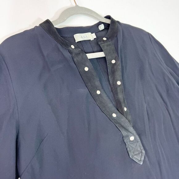 A.L.C. Dress Womens 4 Long Sleeve Mini Leather trip Satin Dark Blue - Picture 3 of 9